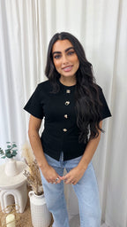 Soft Ribbed Gold Button Cinched T-Shirt - BLACK