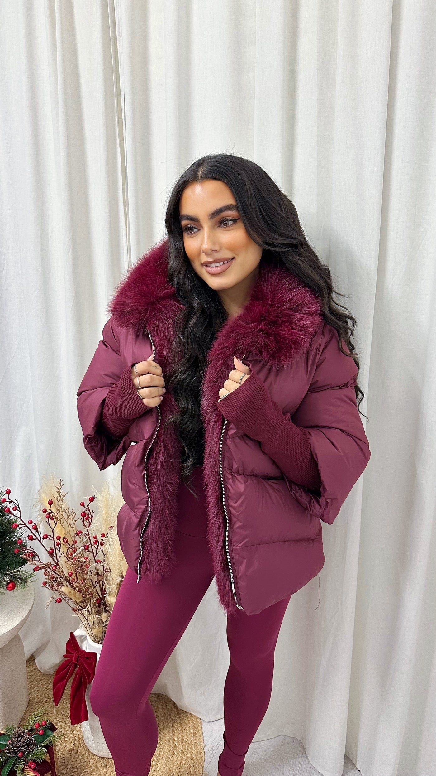 Fur Trim Hooded Puffer Coat - BURGUNDY