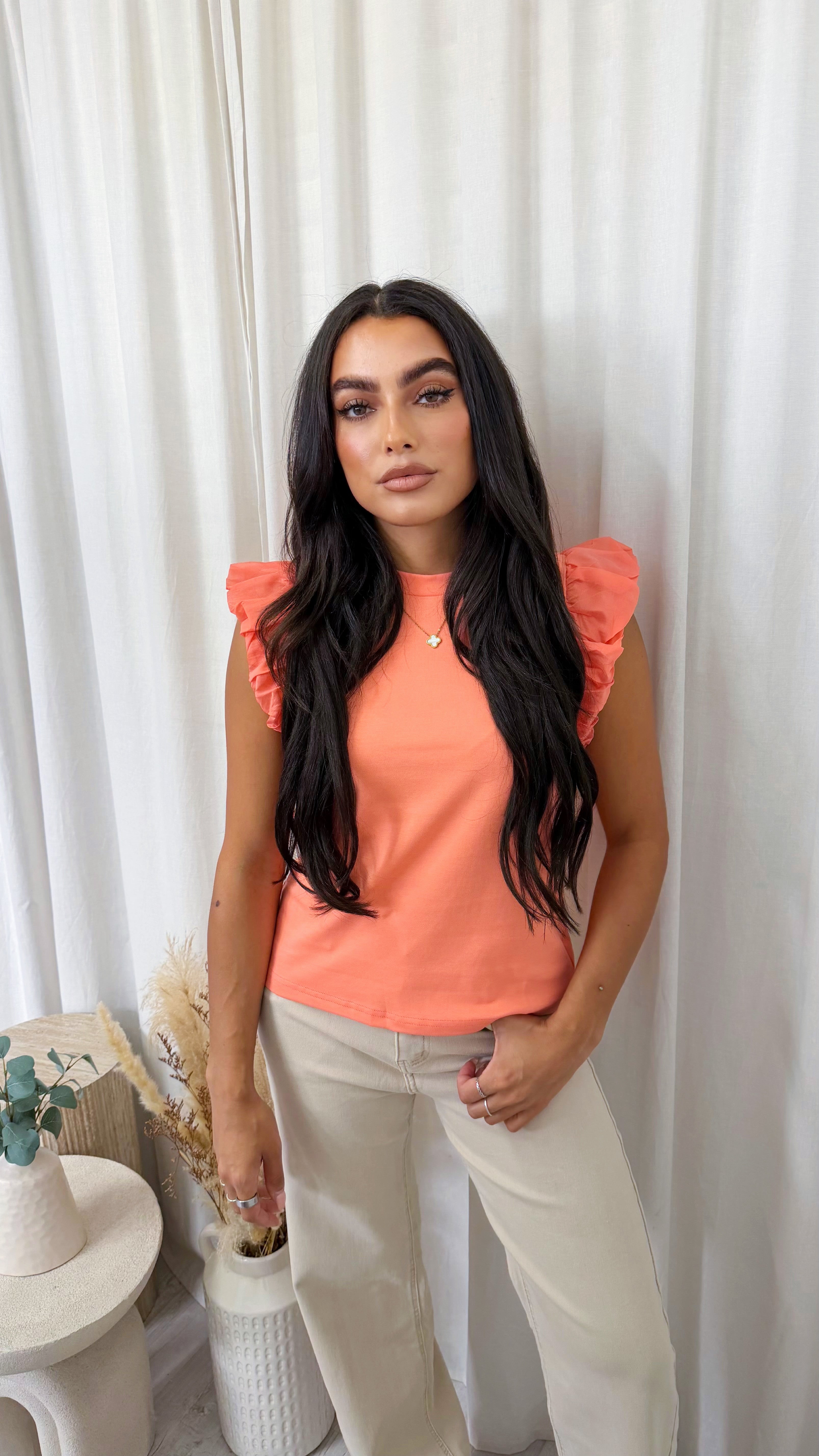 Tulle Sleeve Vest Top - CORAL