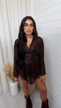 Sheer Corset Dip Hem Shirt - BROWN