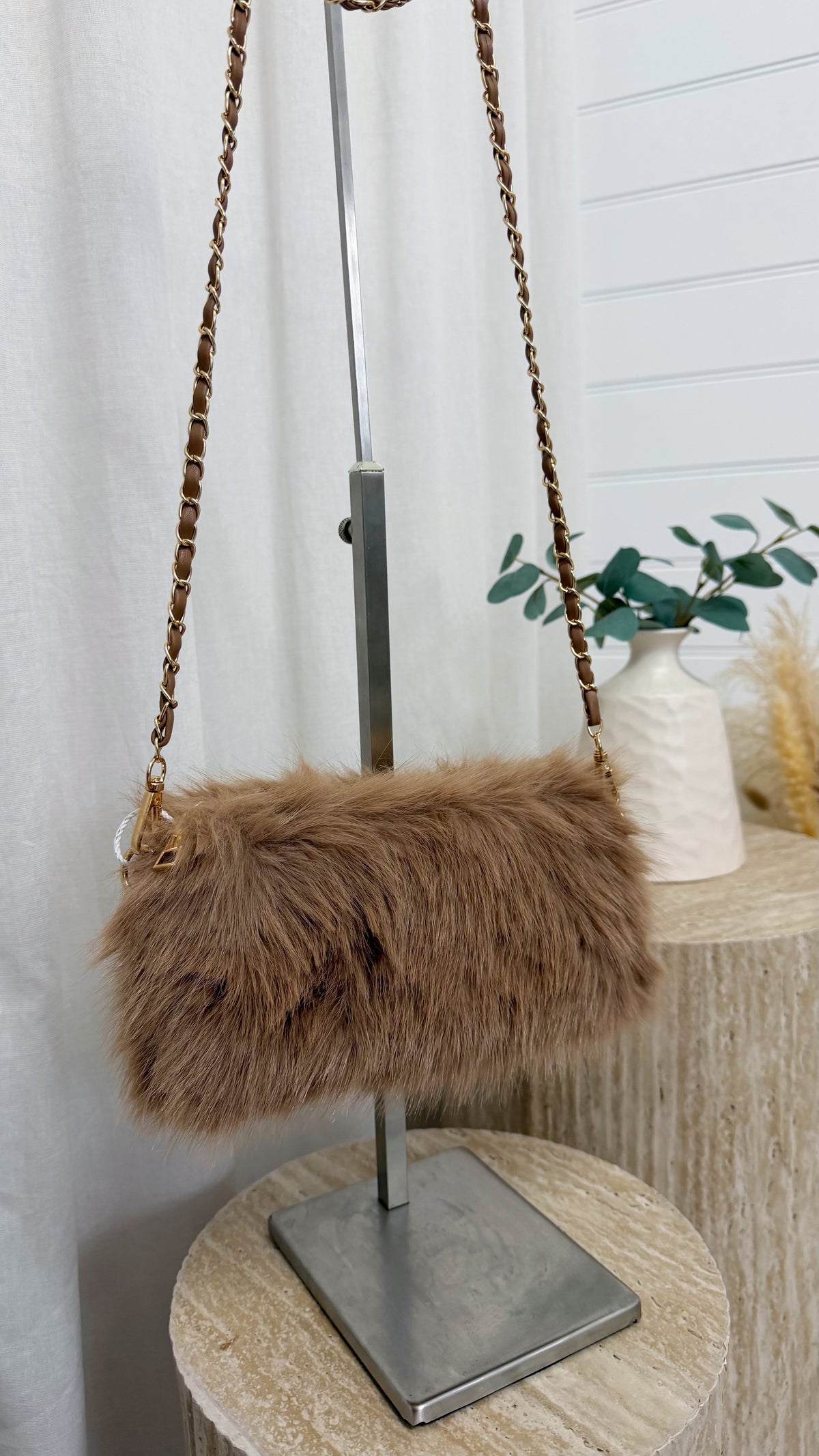 Fluffy Faux Fur Mini Cross Body Bag - CARAMEL