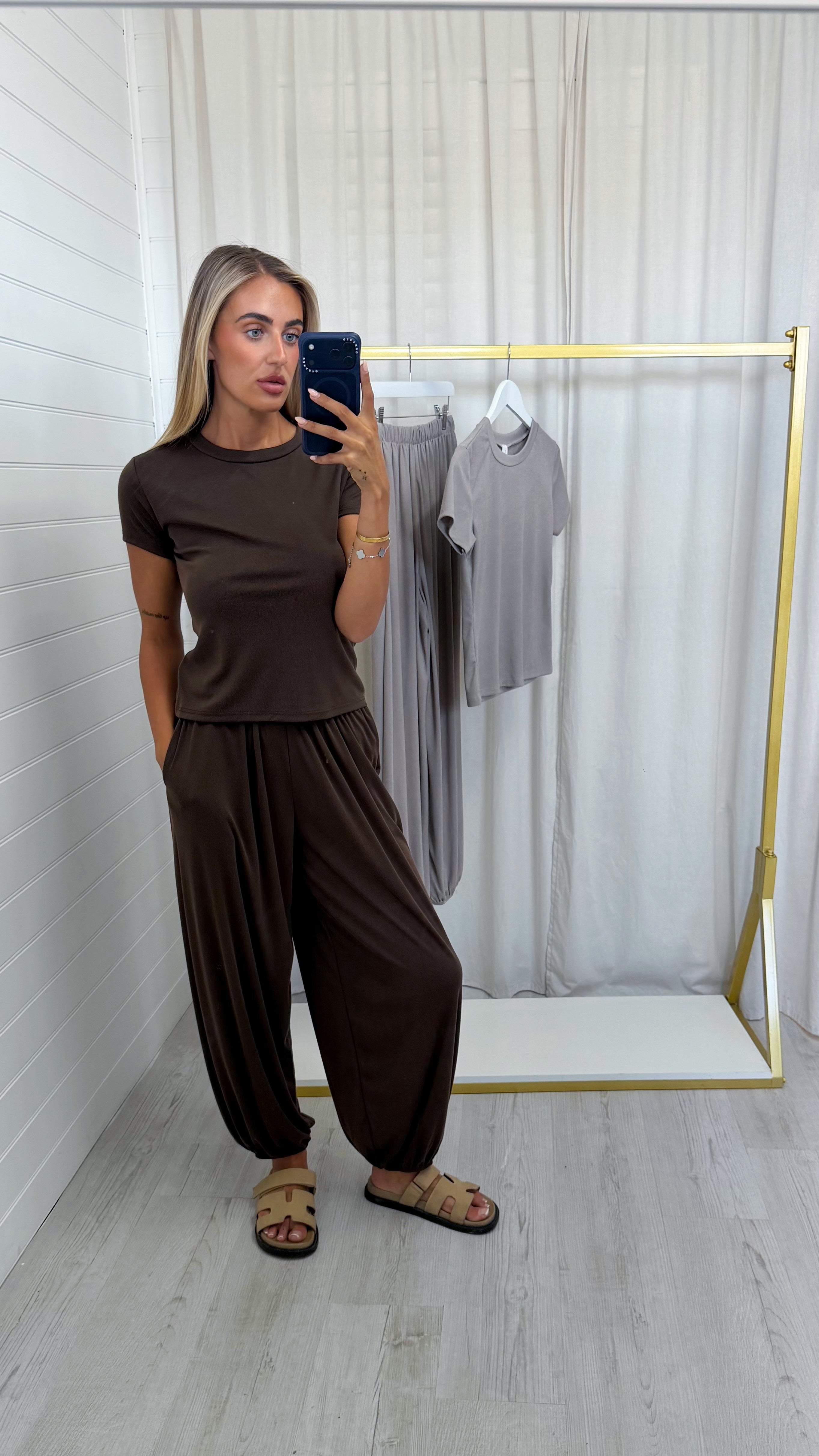 Fine Rib T-Shirt and Balloon Trousers Co-Ord - BROWN