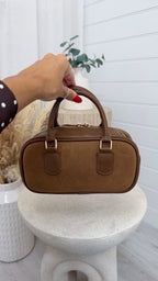 Suede Oval Top Handle Bag - TAN