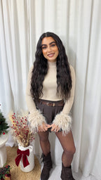 Ribbed Knit Feather Cuff Top - BEIGE