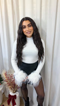 Ribbed Knit Feather Cuff Top - WHITE