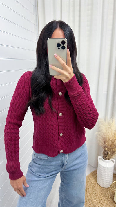 Long Sleeve Gold Button Cable Knit Cardigan - WINE