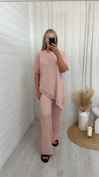 Lace Hem Asymmetric Co-Ord - PINK