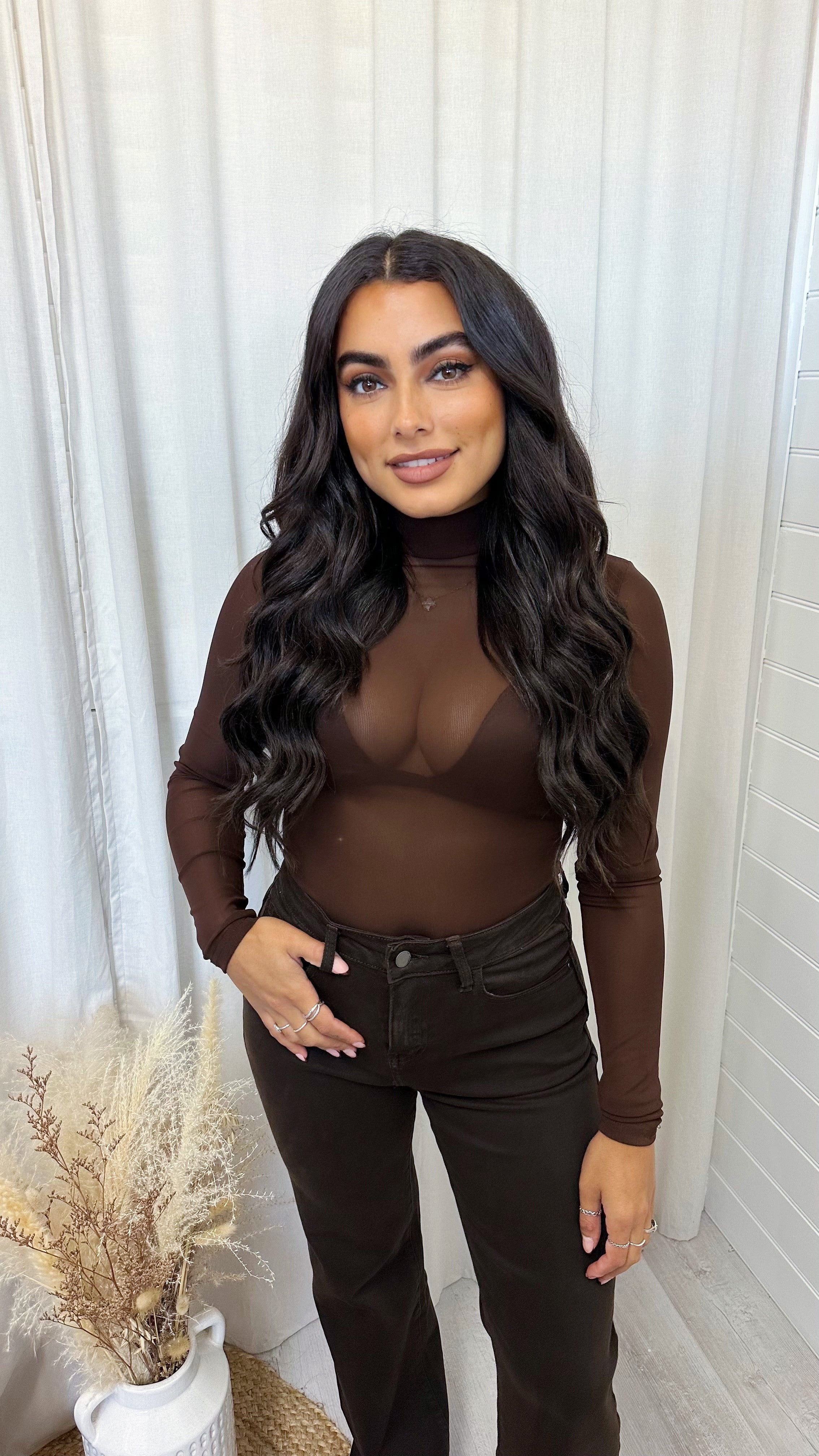 Plain Mesh Long Sleeve Bodysuit - BROWN