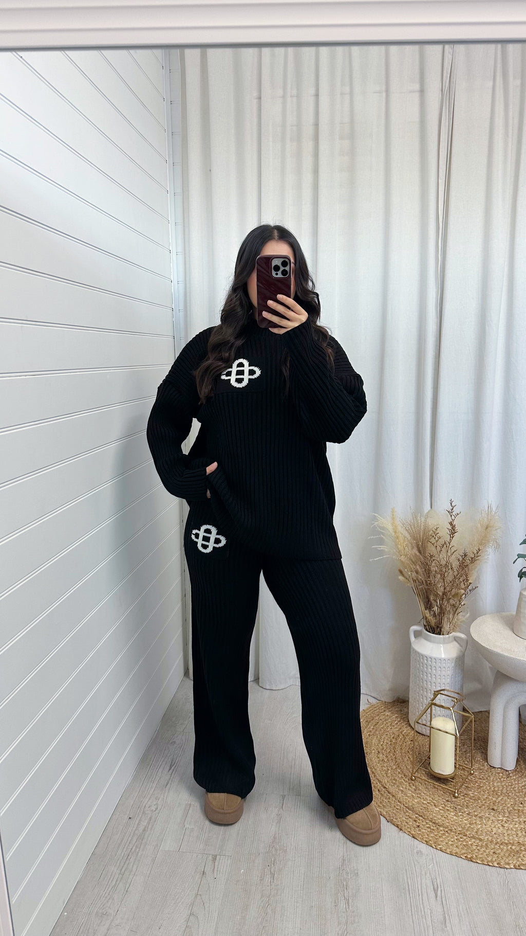 Chunky Ribbed Knit Logo Top and Trouser Co-Ord - BLACK