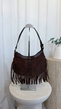 Suede Fringe Shoulder Bag - BROWN
