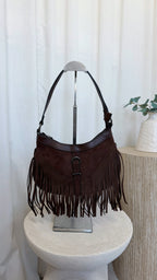 Suede Fringe Shoulder Bag - BROWN