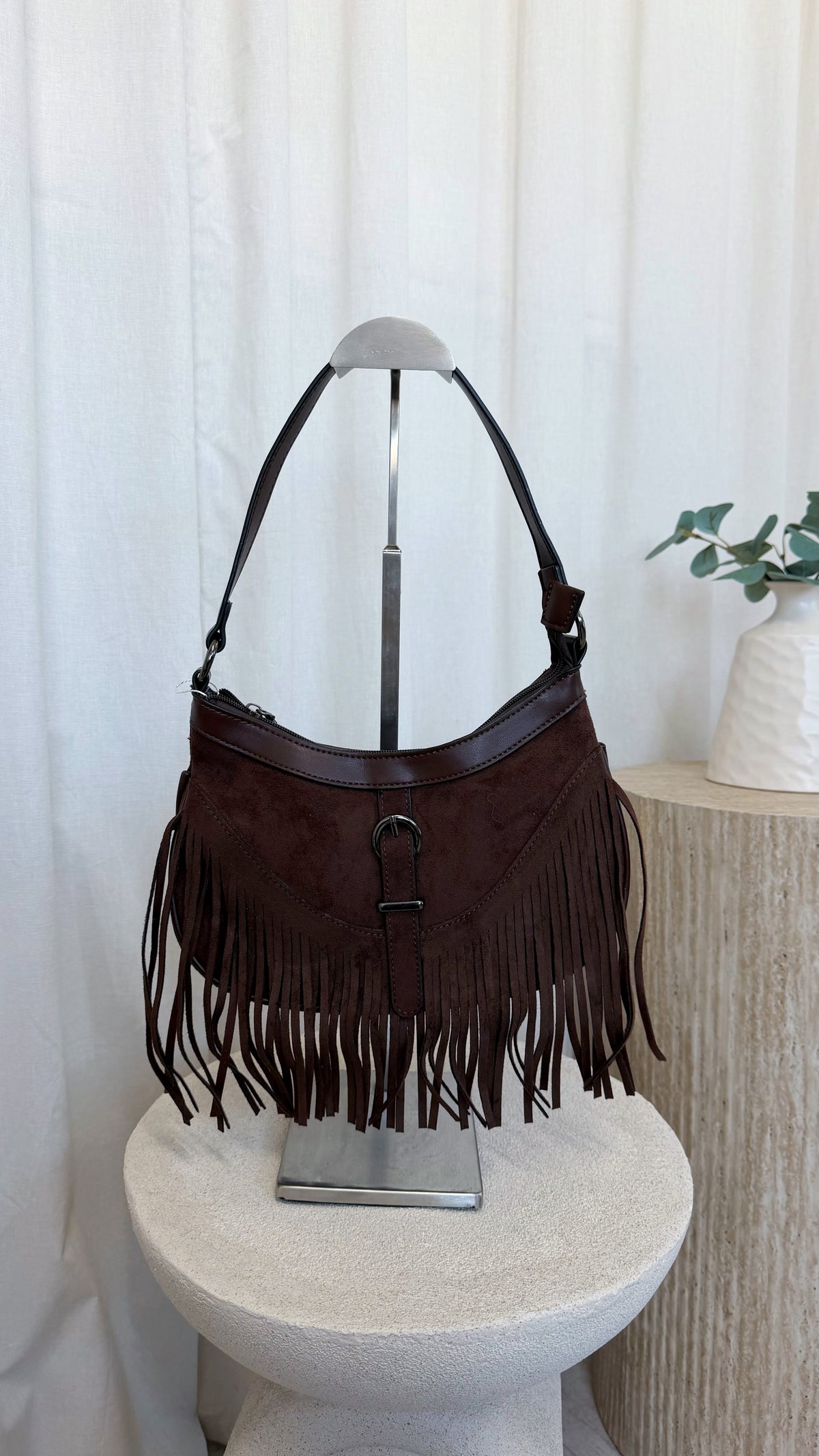 Suede Fringe Shoulder Bag - BROWN