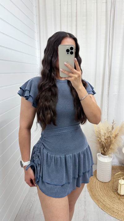 Frill Sleeve Top and Frill Ruched Skirt Co-Ord - DENIM BLUE