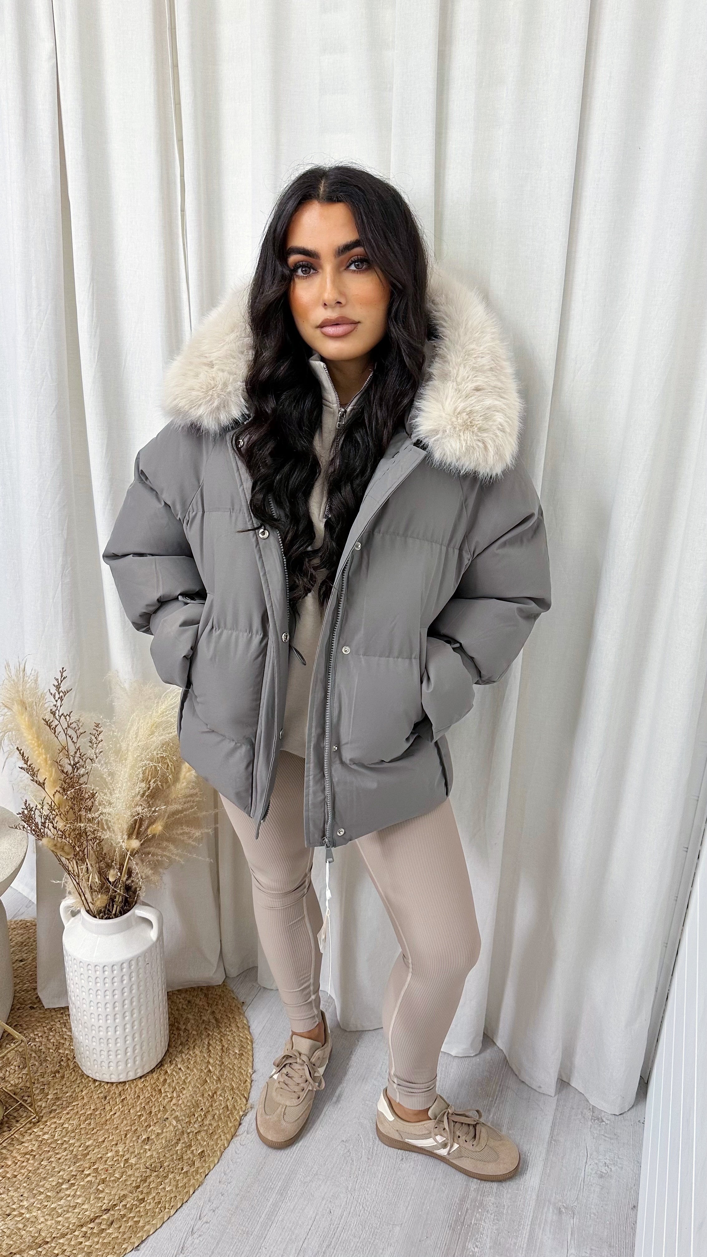 Faux Fur Hooded Puffer Coat - GREY