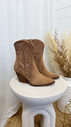Laser Cut Embroidered Cowboy Boots - TAN