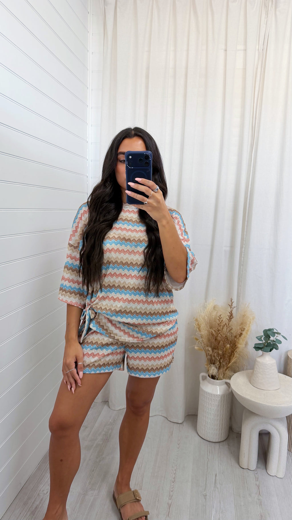 Zig Zag Tie Front T-Shirt and Shorts Co-Ord - SKY BLUE/BEIGE