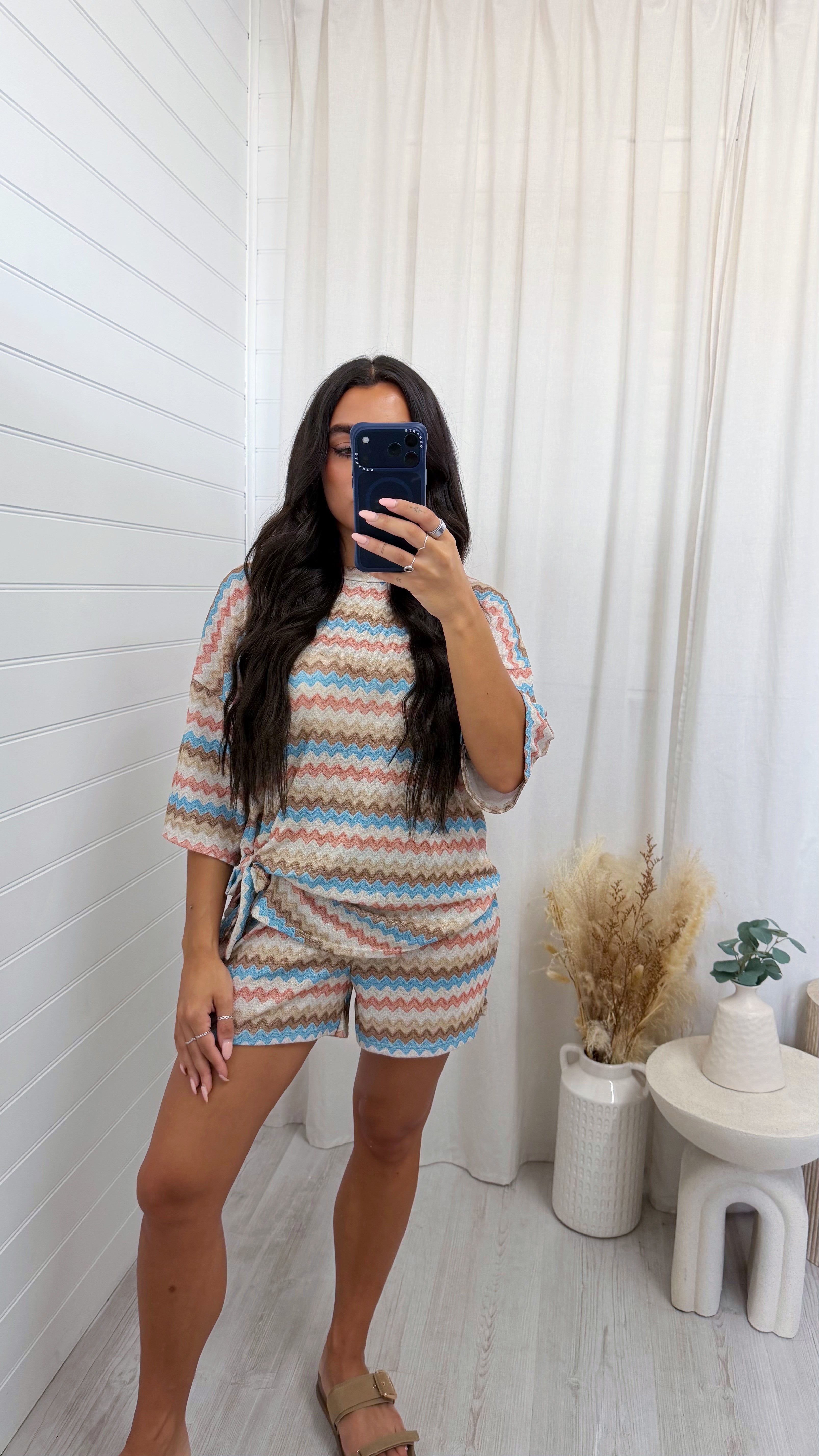 Zig Zag Tie Front T-Shirt and Shorts Co-Ord - SKY BLUE/BEIGE