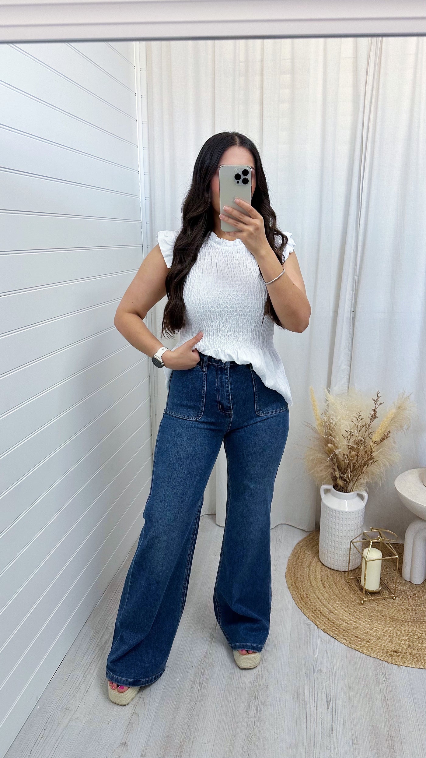 High Waisted Front Pocket Denim Flared Jeans - DARK DENIM