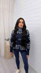 High Neck Paisley Knitted Jacket - NAVY