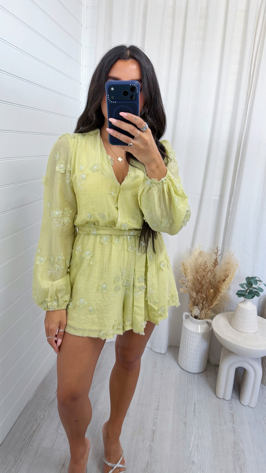 Sequin Flower Wrap Over Playsuit - SAGE