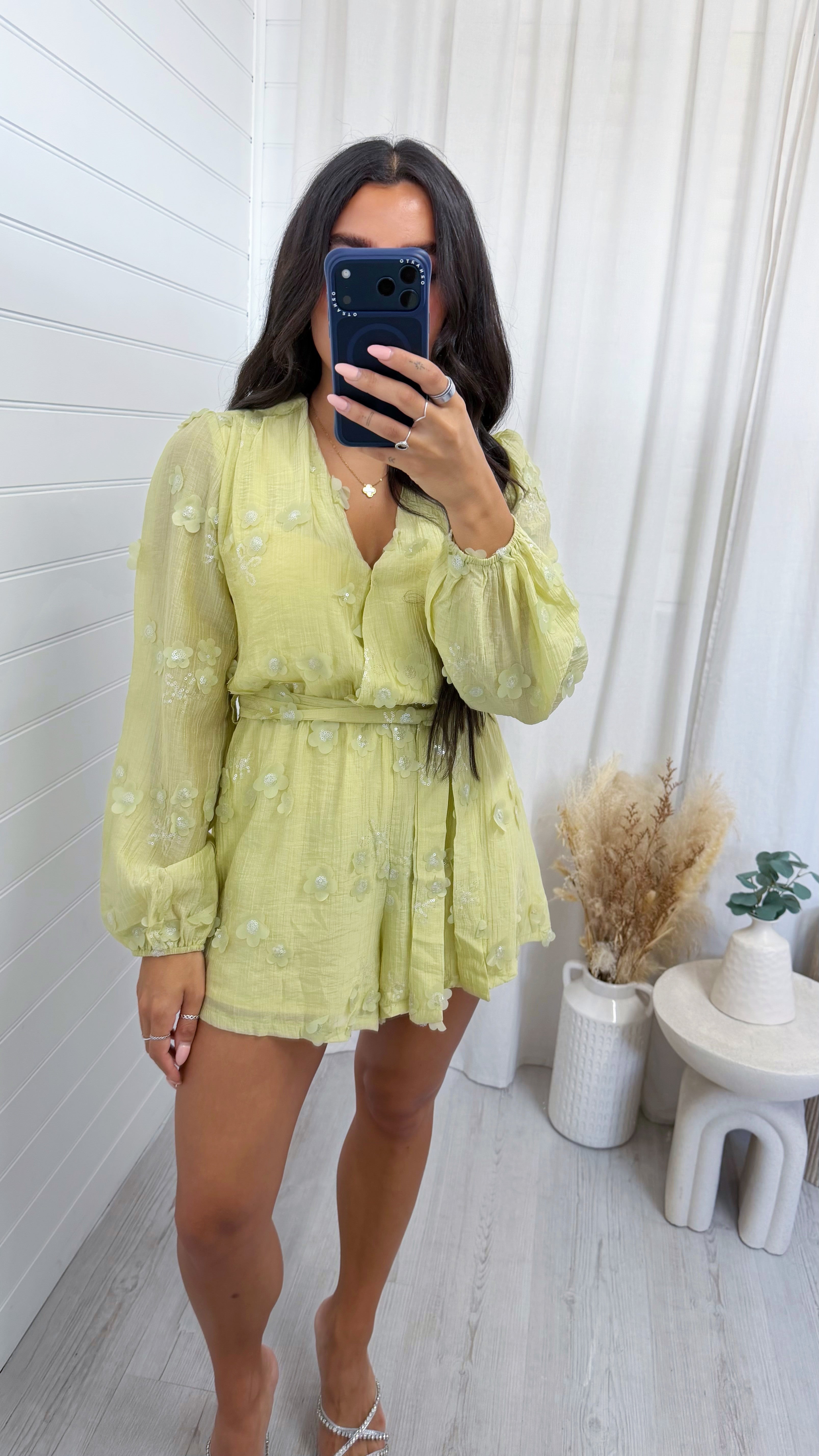 Sequin Flower Wrap Over Playsuit - SAGE