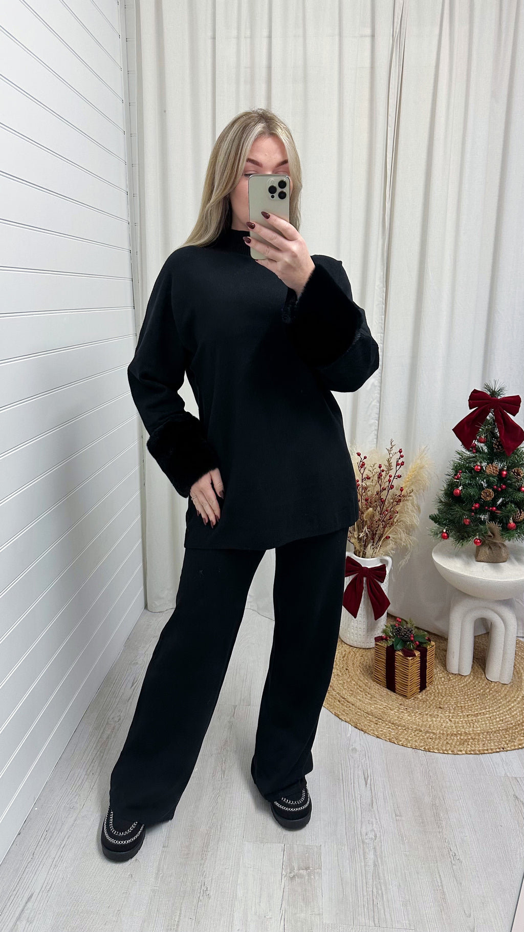 Fur Cuff Knitted Top and Trousers Co-Ord - BLACK