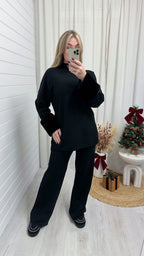 Fur Cuff Knitted Top and Trousers Co-Ord - BLACK