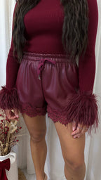 Lace Trim PU Shorts - WINE