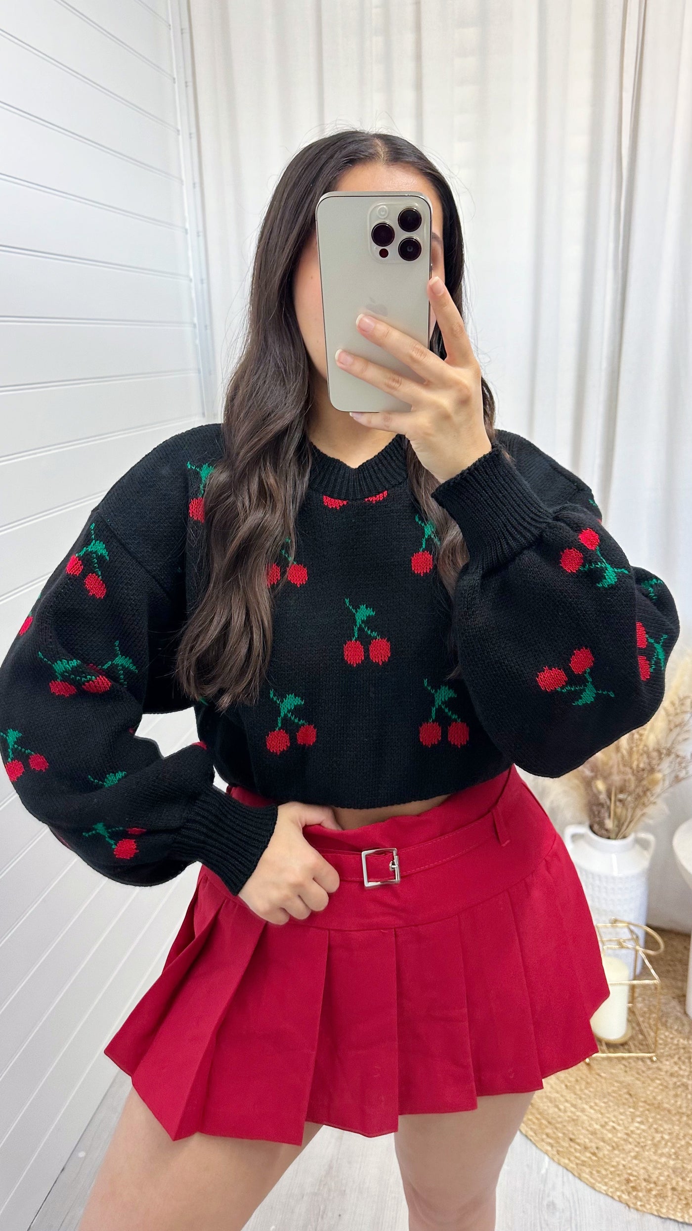 Cropped Knit Cherries Jumper - BLACK