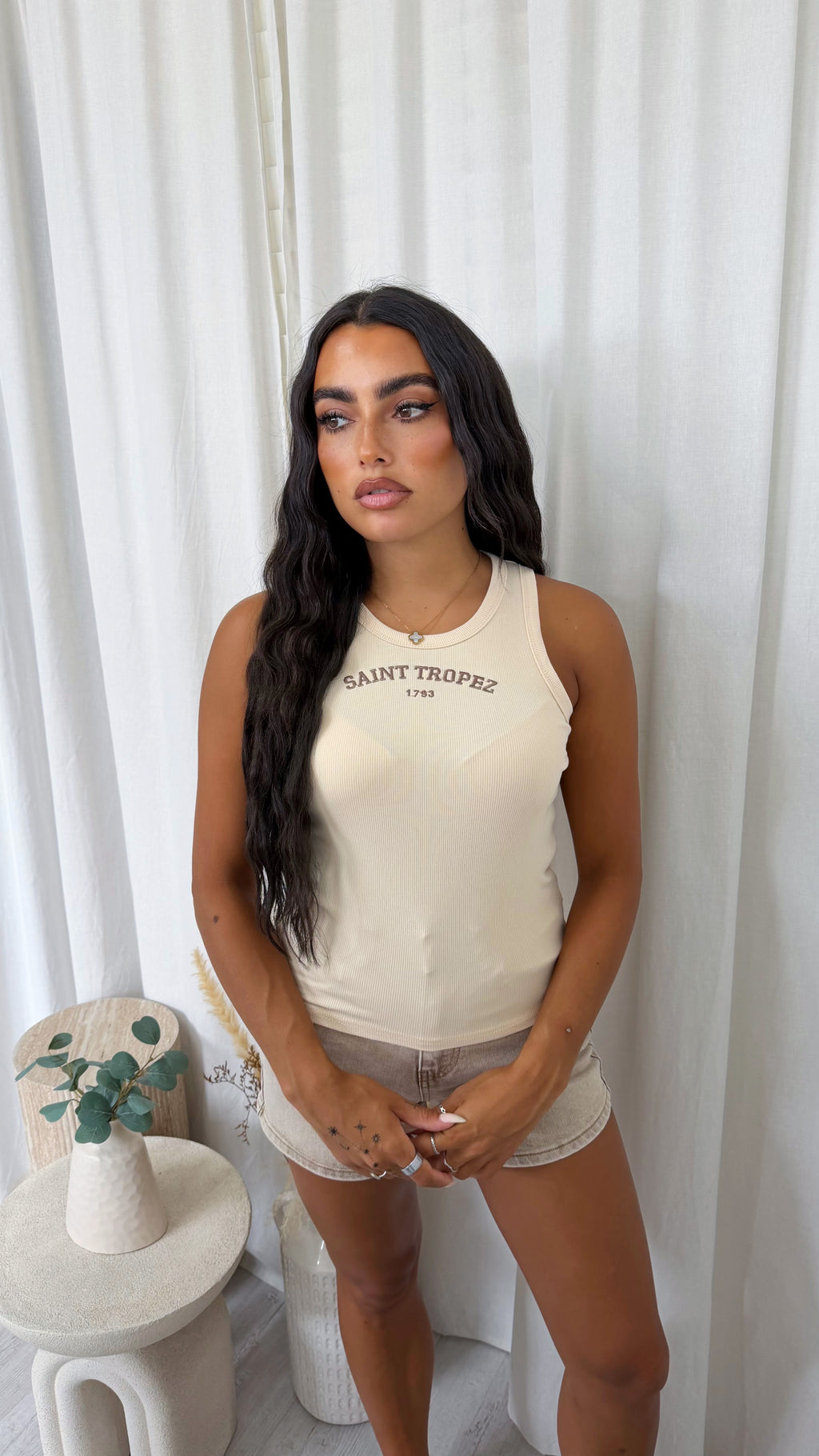 Saint Tropez Embroidered Rib Vest Top - BEIGE