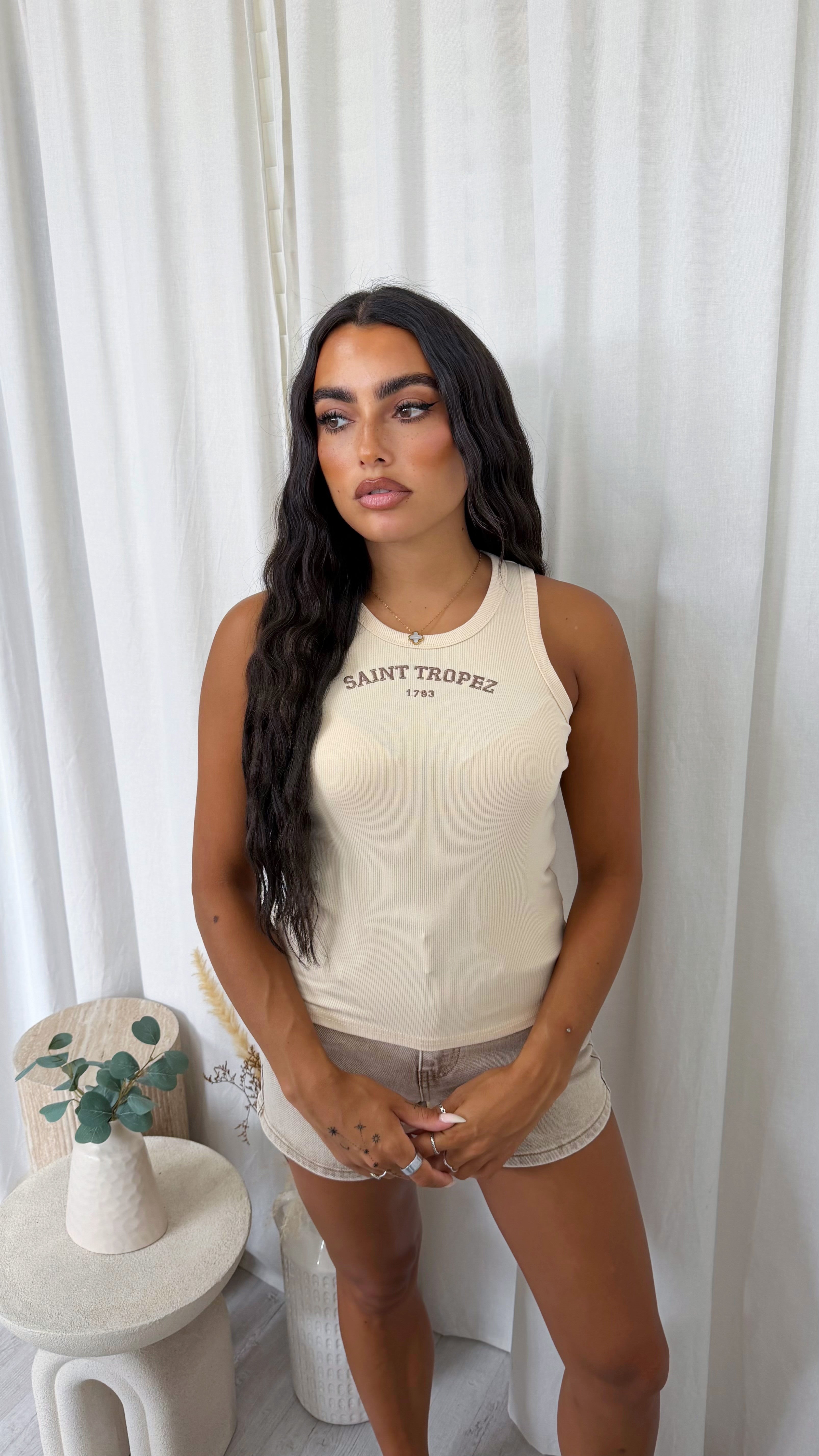 Saint Tropez Embroidered Rib Vest Top - BEIGE