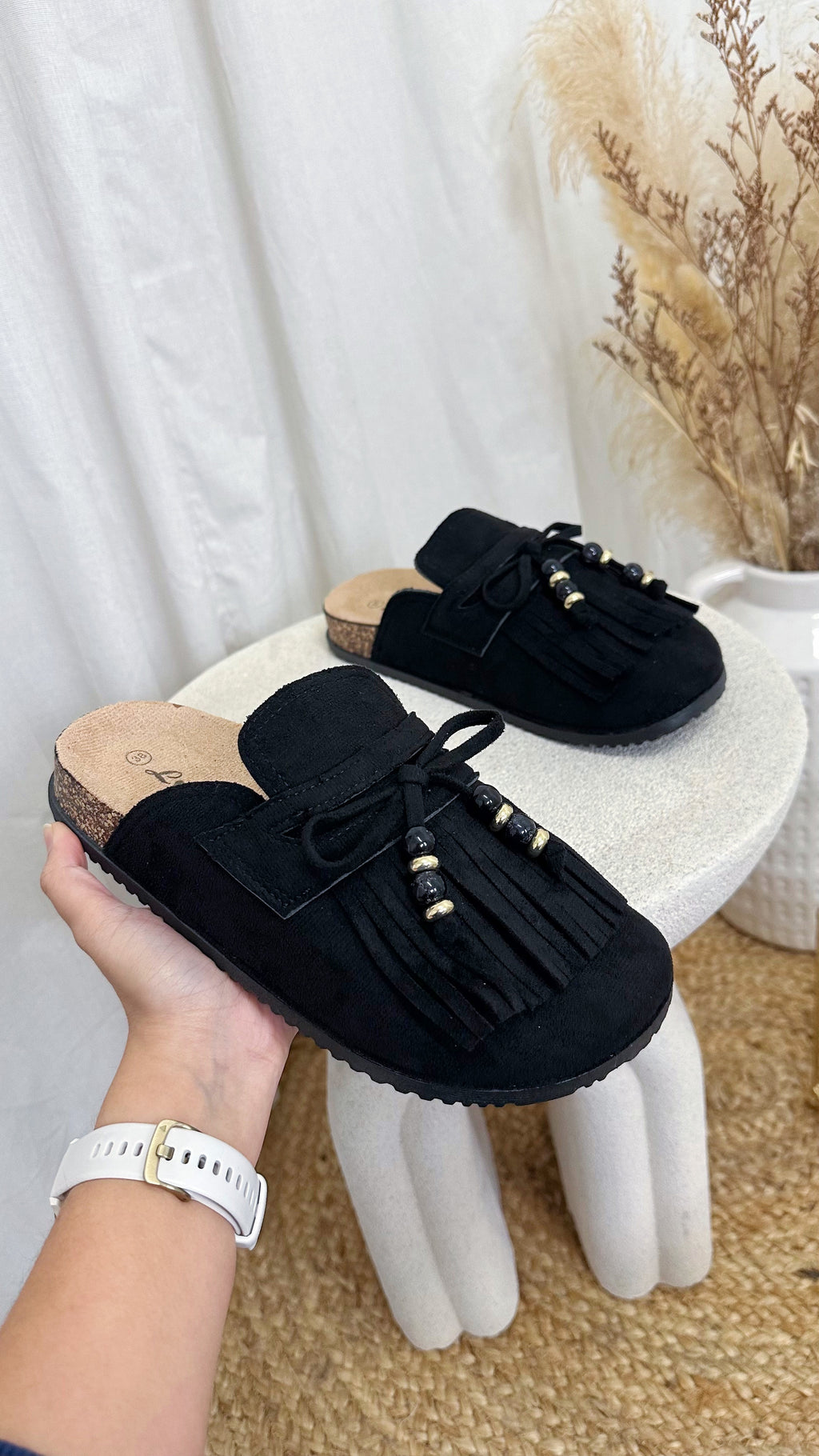 Beaded Tassel Suede Mules - BLACK
