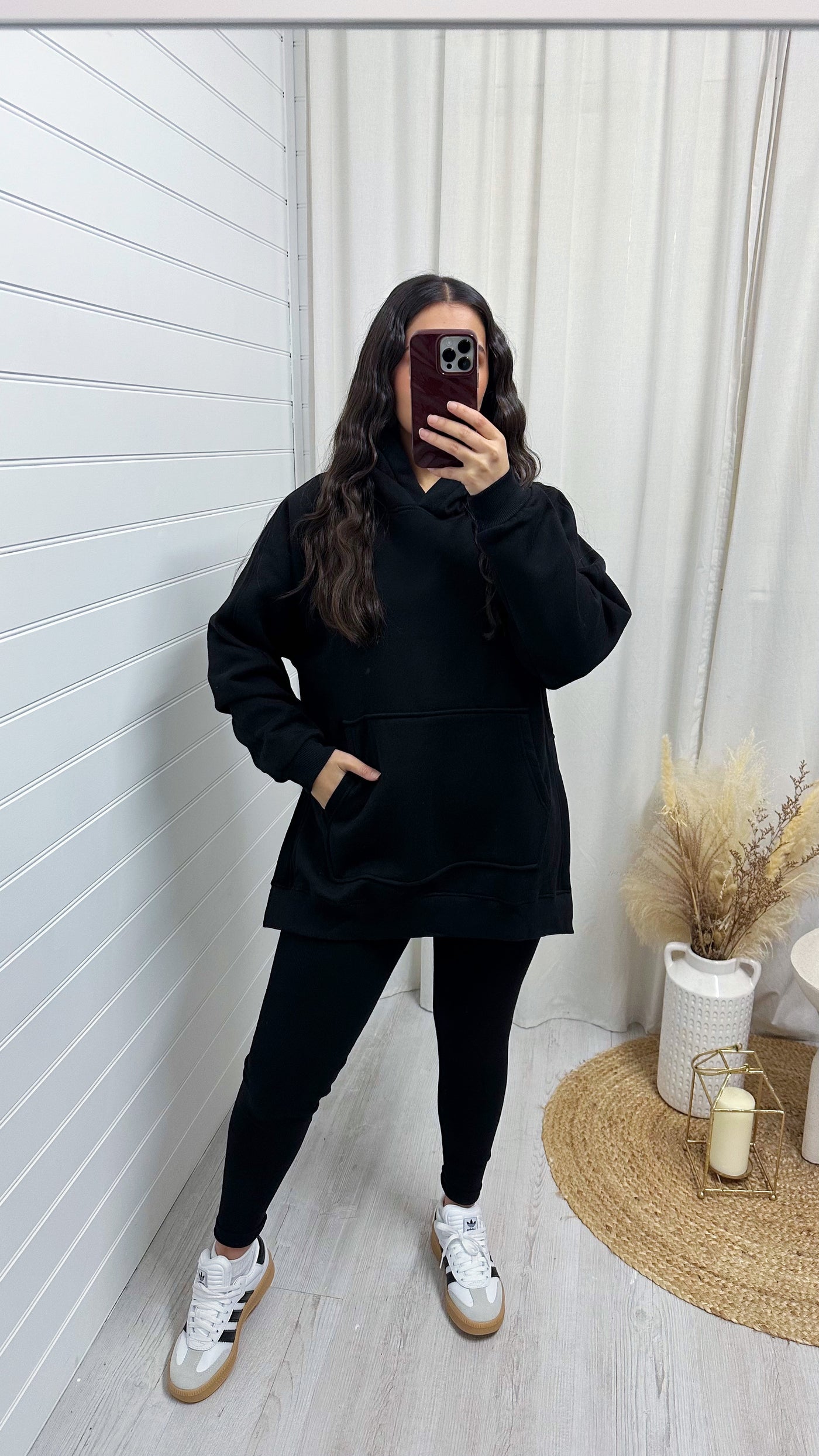 Side Slit Hoodie and Ribbed Leggings Co-Ord - BLACK