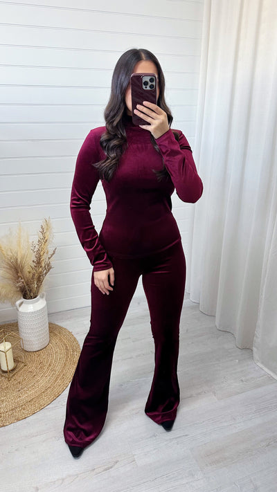 High Neck Velvet Long Sleeve Top - WINE