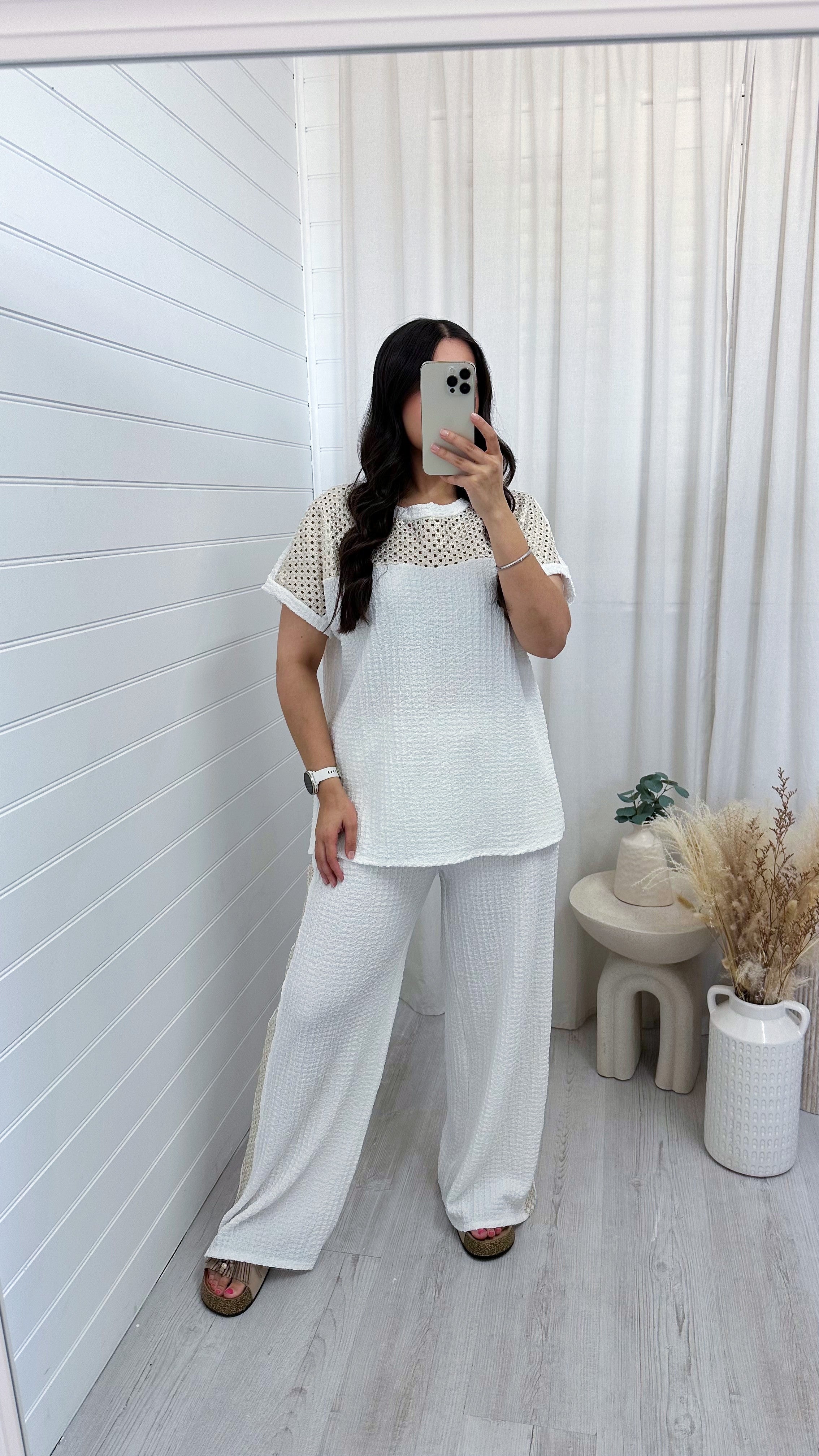 Metallic Mesh T-Shirt and Trouser Co-Ord - WHITE