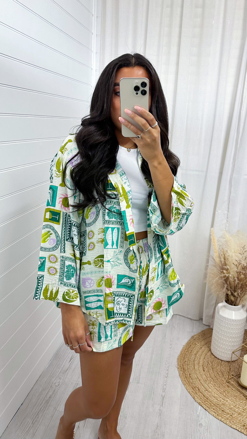 Tile Print Shirt and Shorts Co-Ord - GREEN