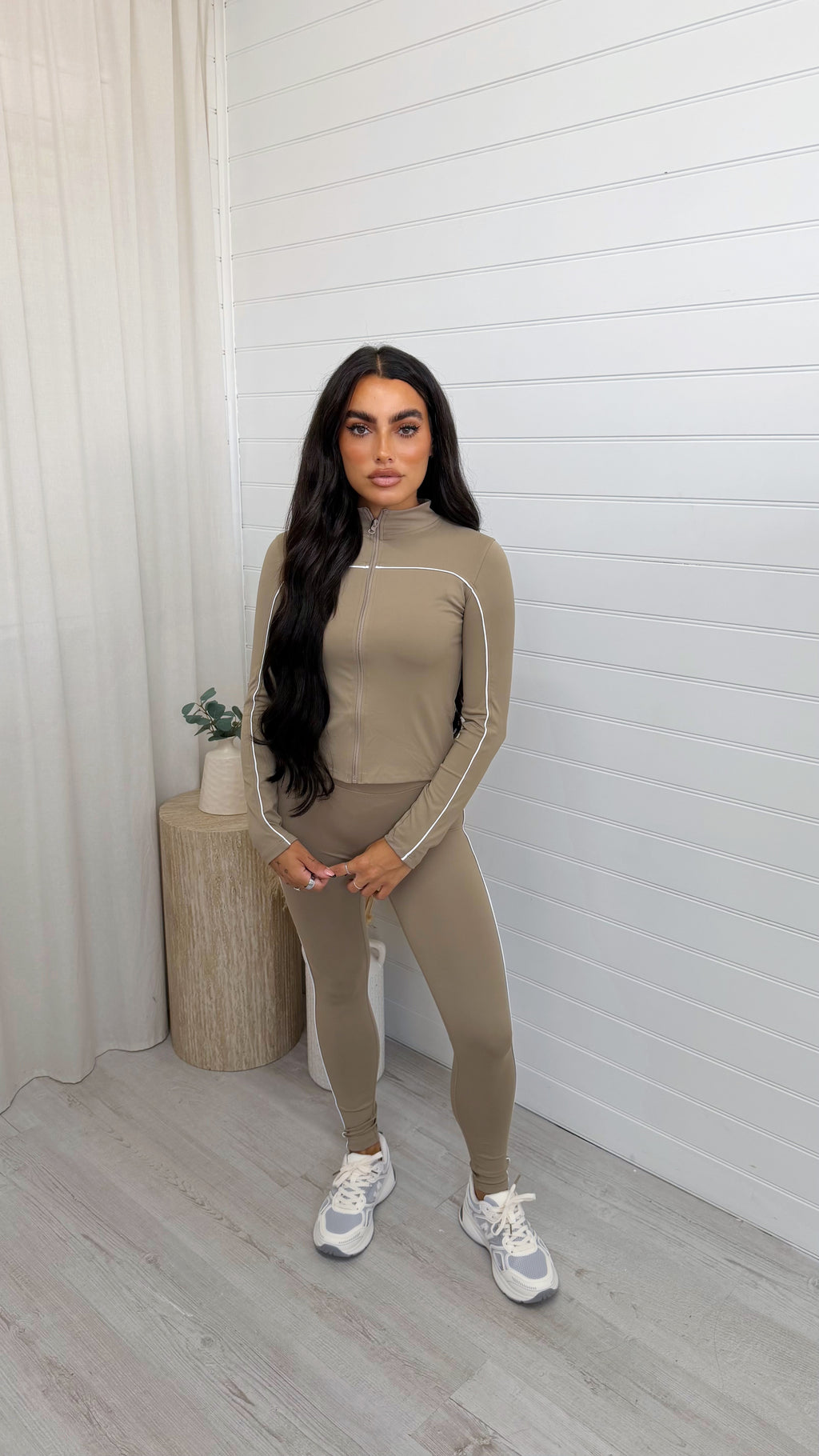 Piped Jacket and Leggings Activewear Set - BEIGE
