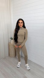 Piped Jacket and Leggings Activewear Set - BEIGE