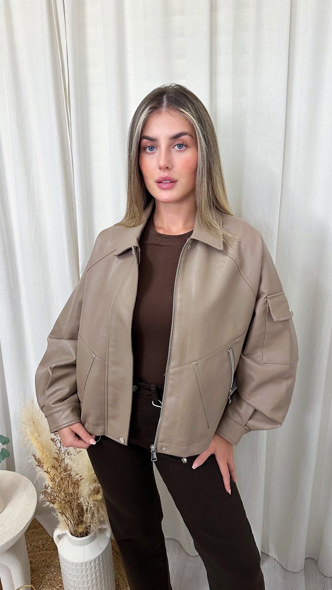 PU Cargo Pocket Bomber Jacket - TAUPE