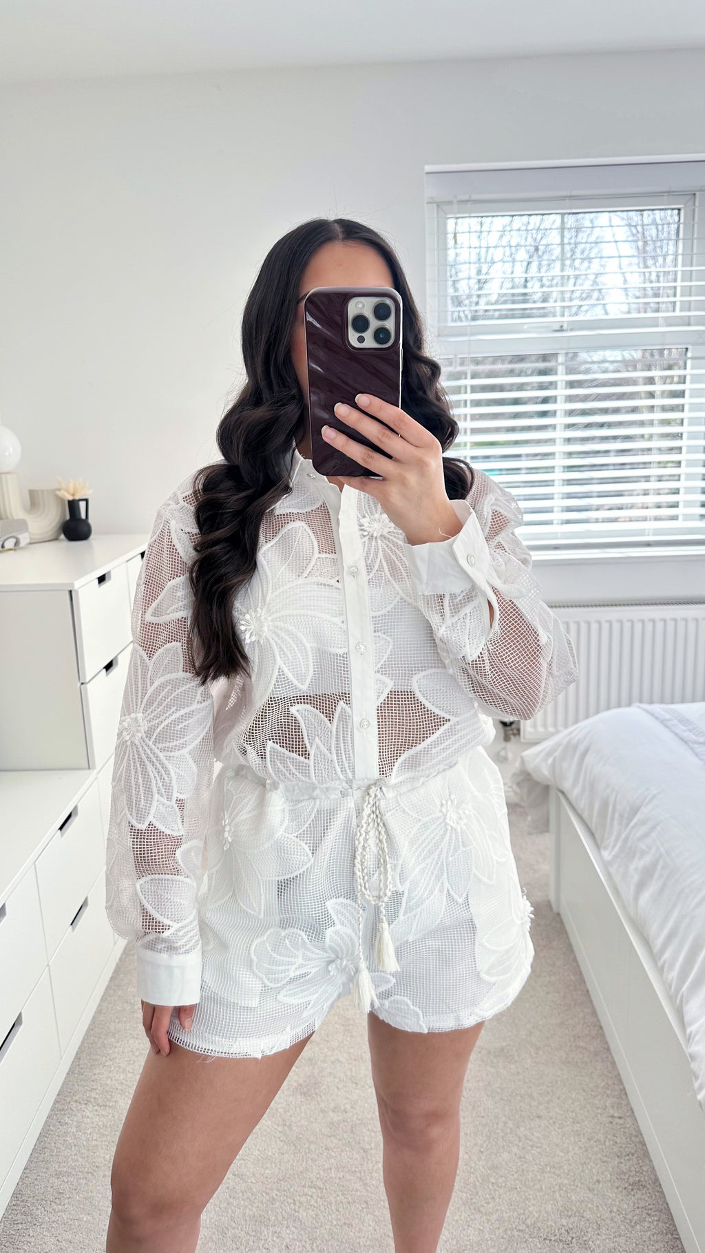 Floral Embroidered Mesh Playsuit - WHITE