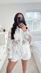 Floral Embroidered Mesh Playsuit - WHITE