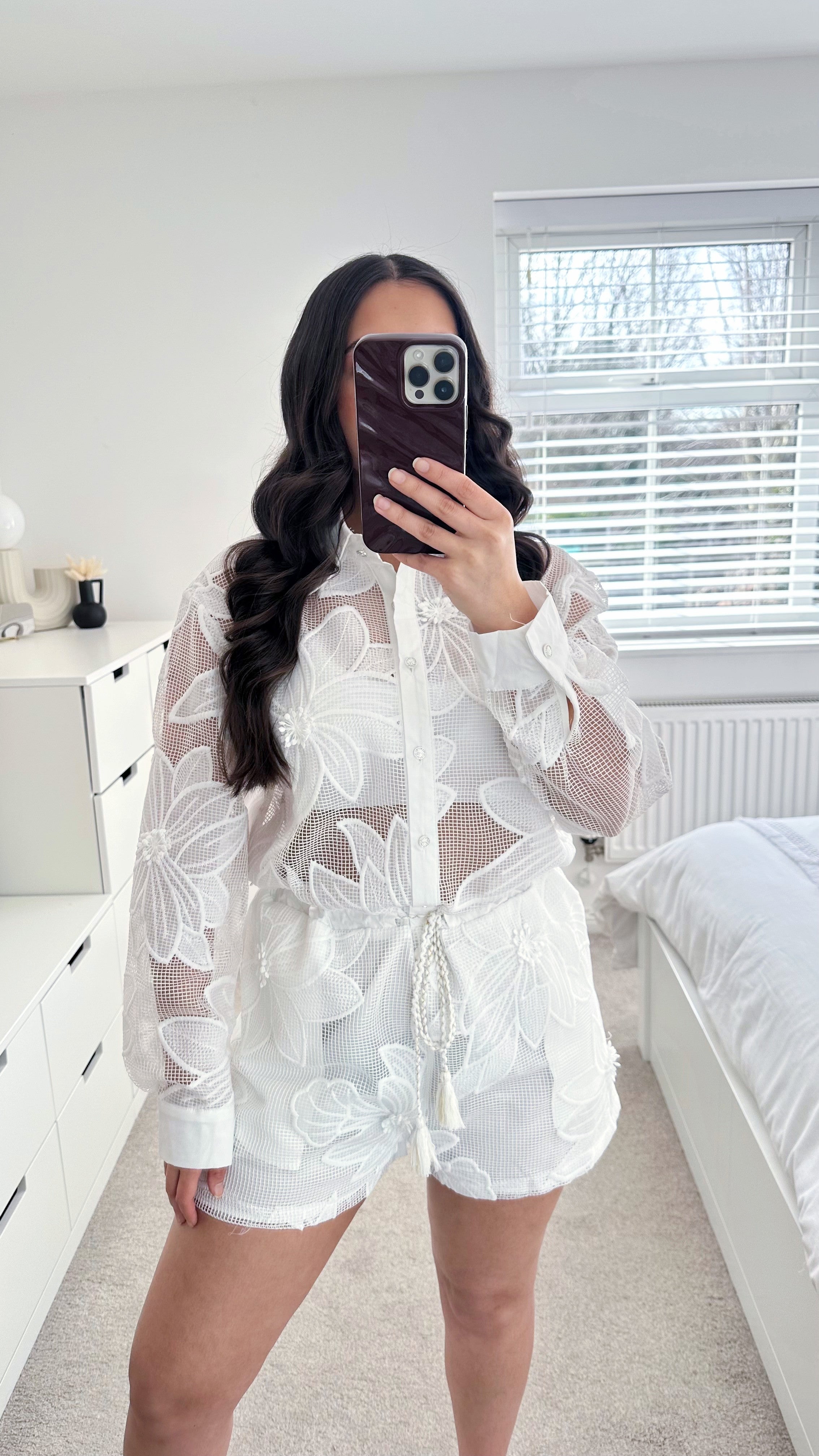 Floral Embroidered Mesh Playsuit - WHITE