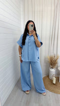 Chunky Button Shirt and Wide Leg Trousers Co-Ord - BLUE