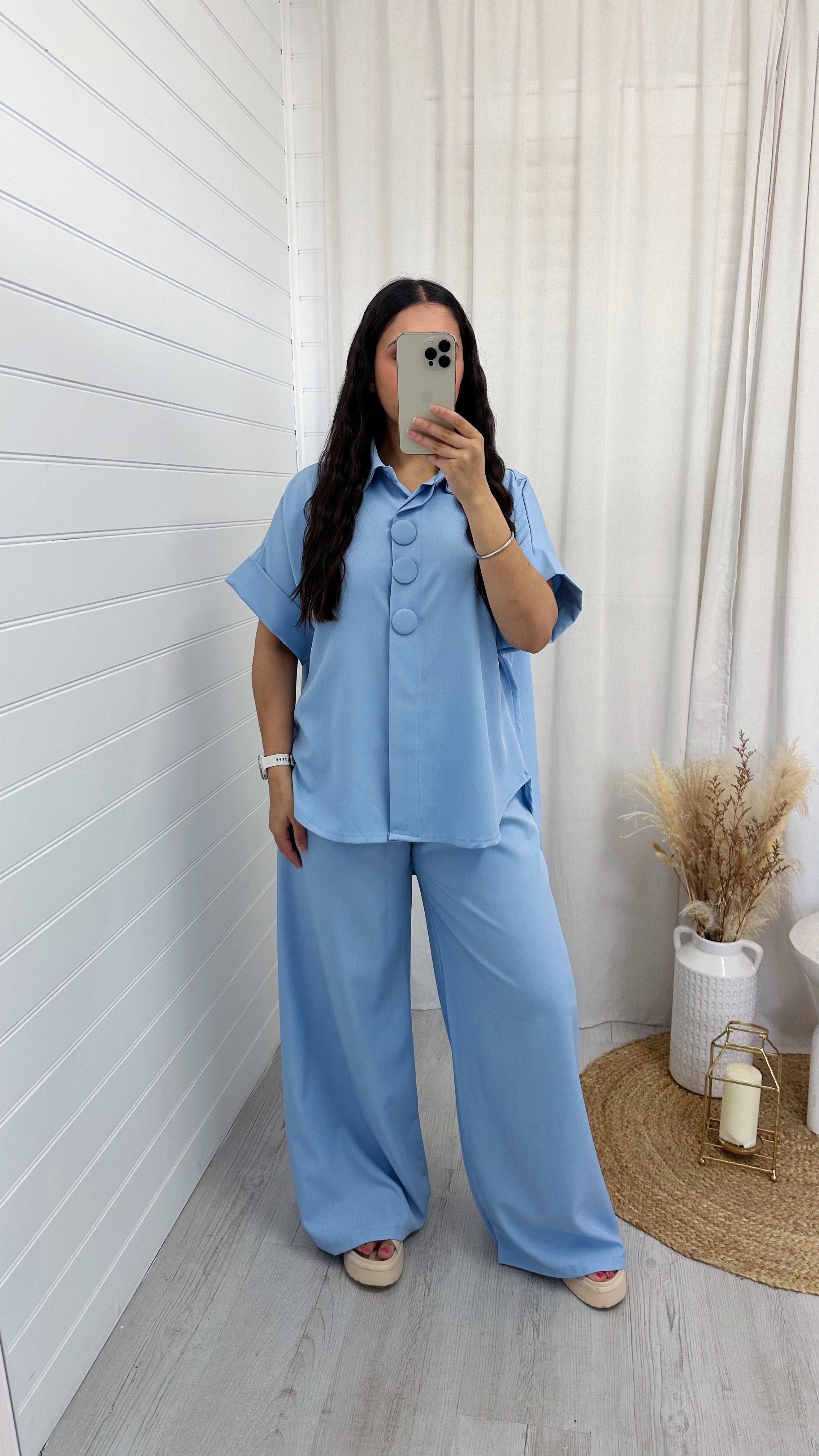 Chunky Button Shirt and Wide Leg Trousers Co-Ord - BLUE