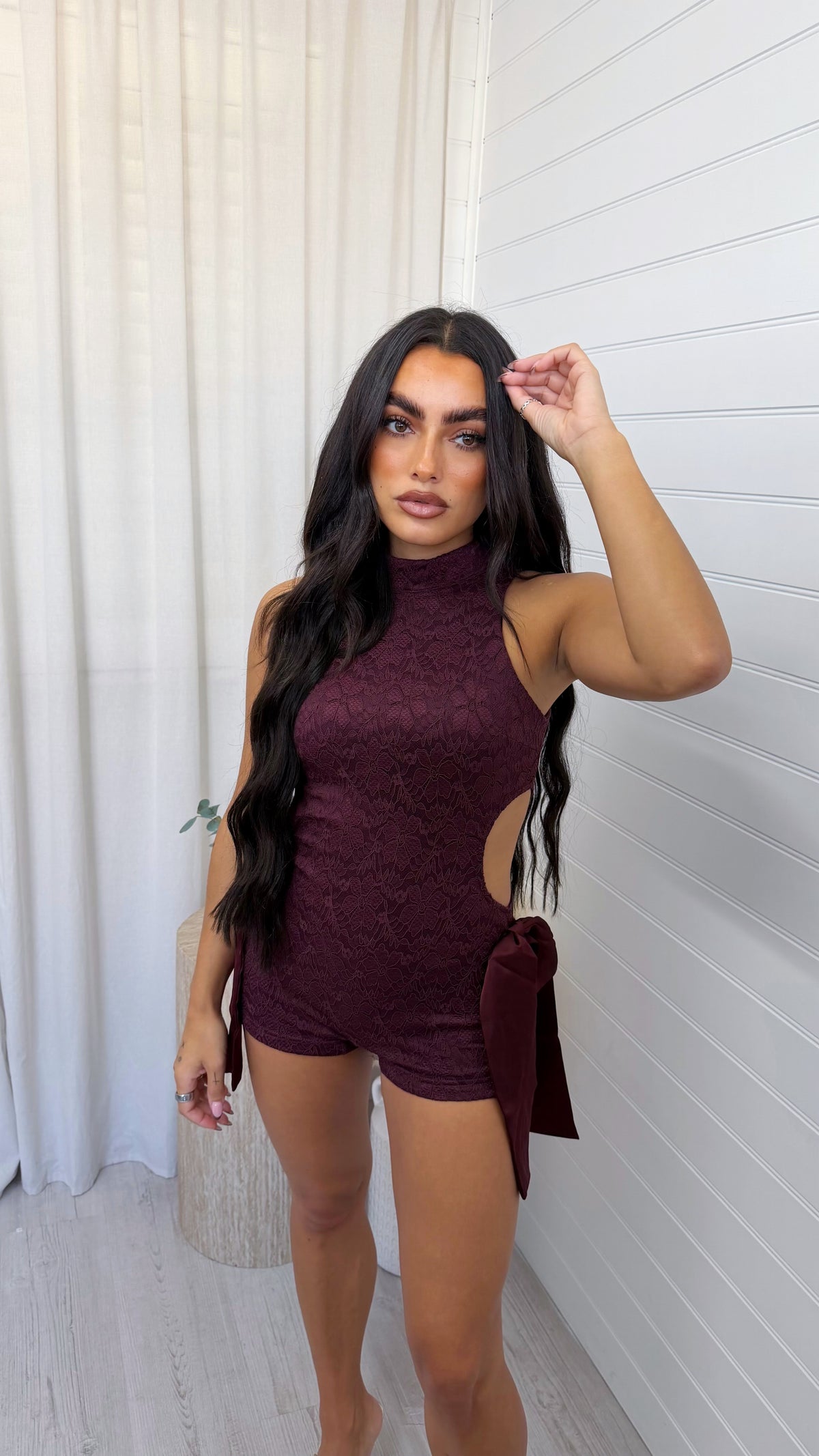 Cut Out Lace Playsuit - BURGUNDY