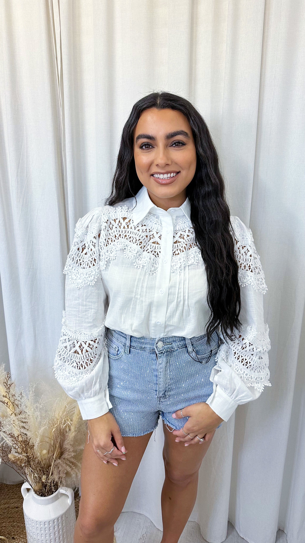 Embroidered Lace Cotton Shirt - WHITE