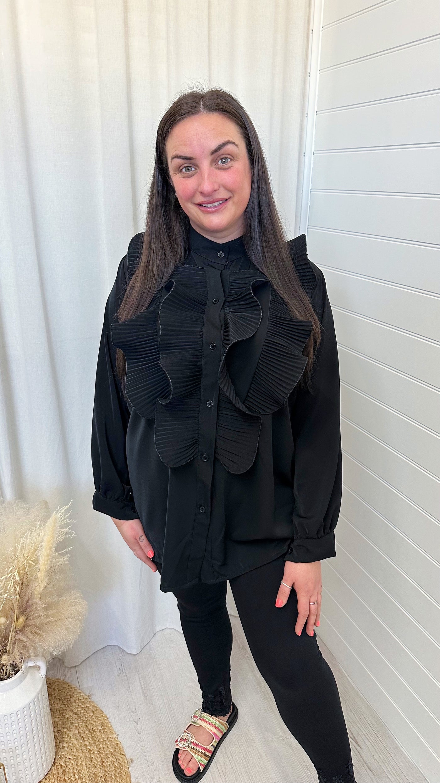PLUS Pleated Frill Long Sleeve Blouse - BLACK