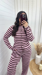 Stripe Knit Cardigan and Straight Leg Joggers Co-Ord - PINK/BROWN