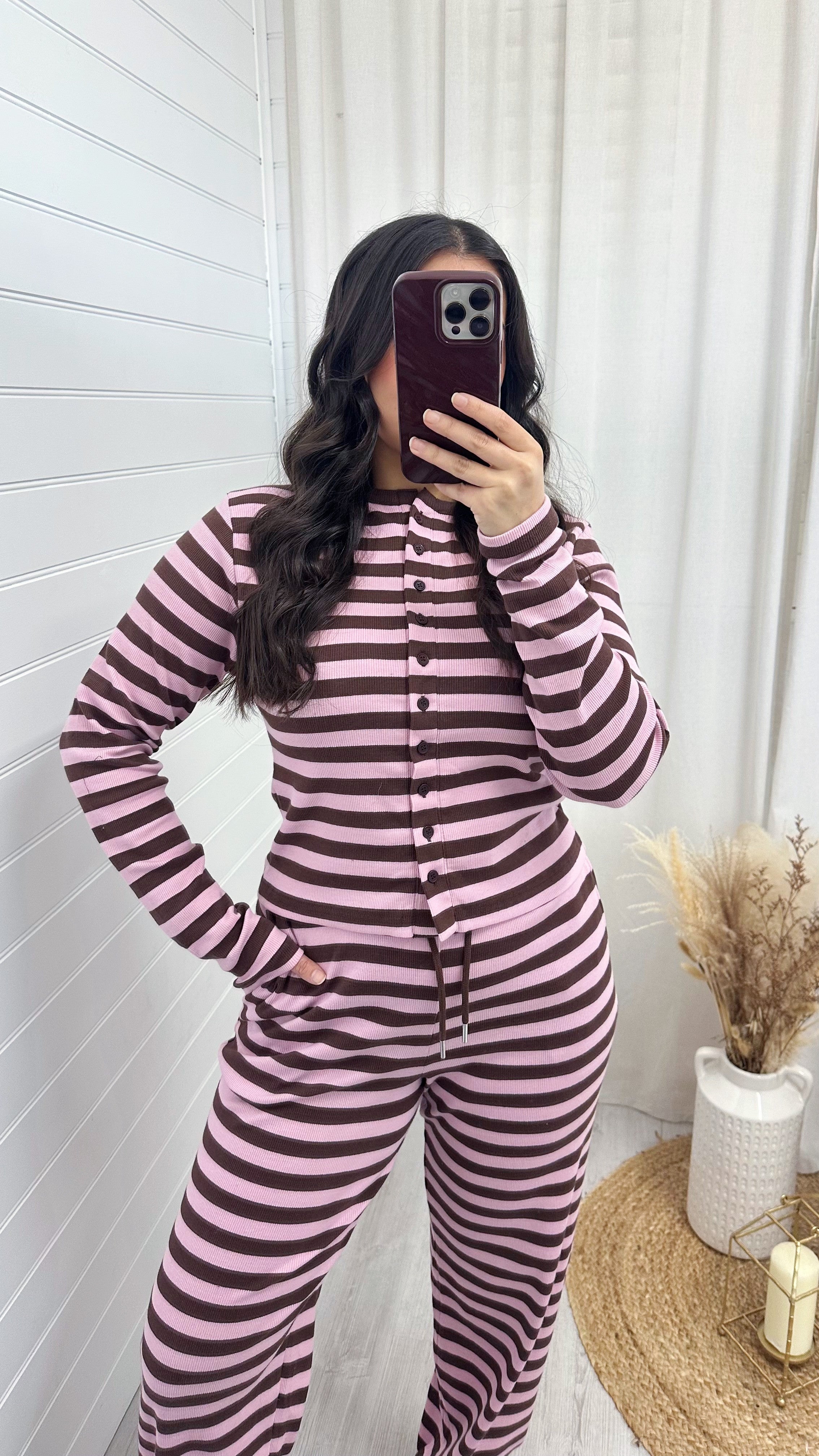 Stripe Knit Cardigan and Straight Leg Joggers Co-Ord - PINK/BROWN