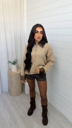 Deer Faux Fur Trim Cardigan - BEIGE